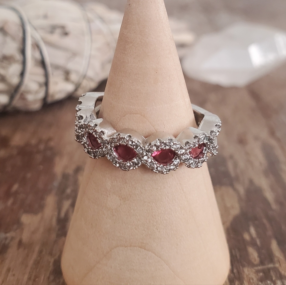 sterling silver 925 pink gemstone white rhinestone criss cross boho ring band